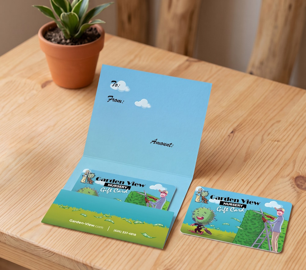 Garden View Nursery Gift Card displayed on a wooden table
