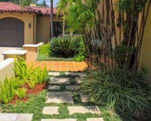 Altadena, CA estate backyard water features and divided pavers and succulents