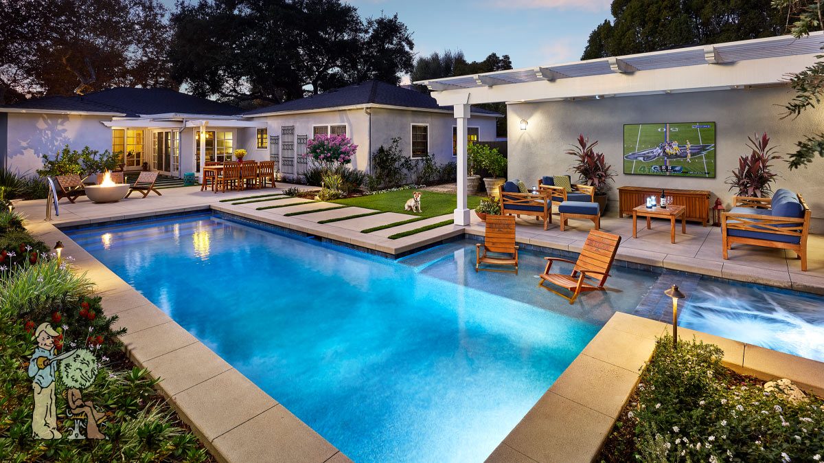 A modern backyard with a rectangular swimming pool, lounge chairs, a covered patio area with outdoor seating, a TV showing a football game, and landscaped plants. A dog stands on the grass near the pool.
